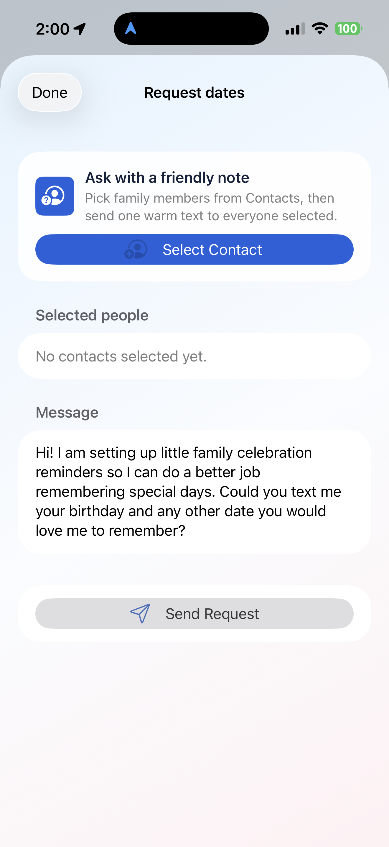 DayBloom Add celebration sheet with name, phone, relationship, type, date and notes fields