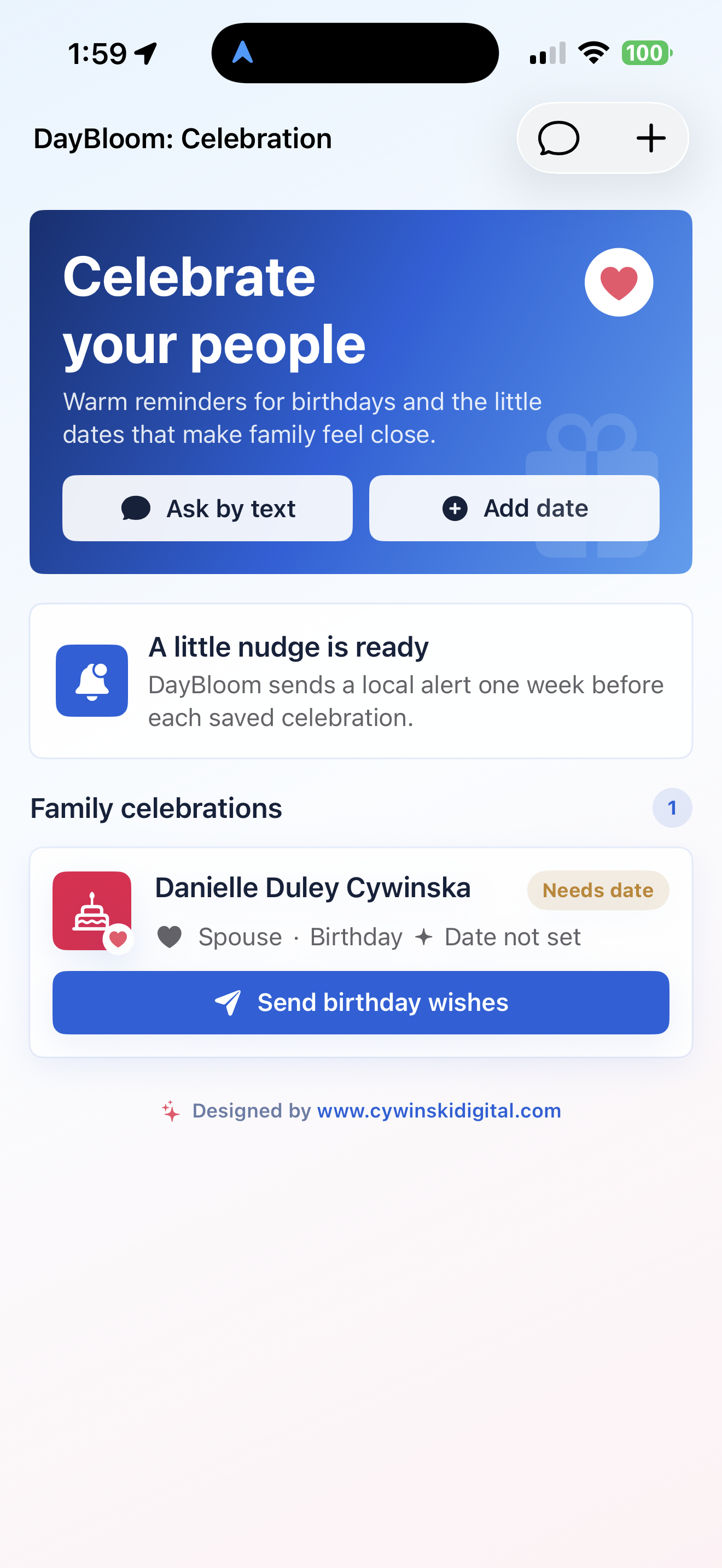 DayBloom dashboard with celebration card and family list