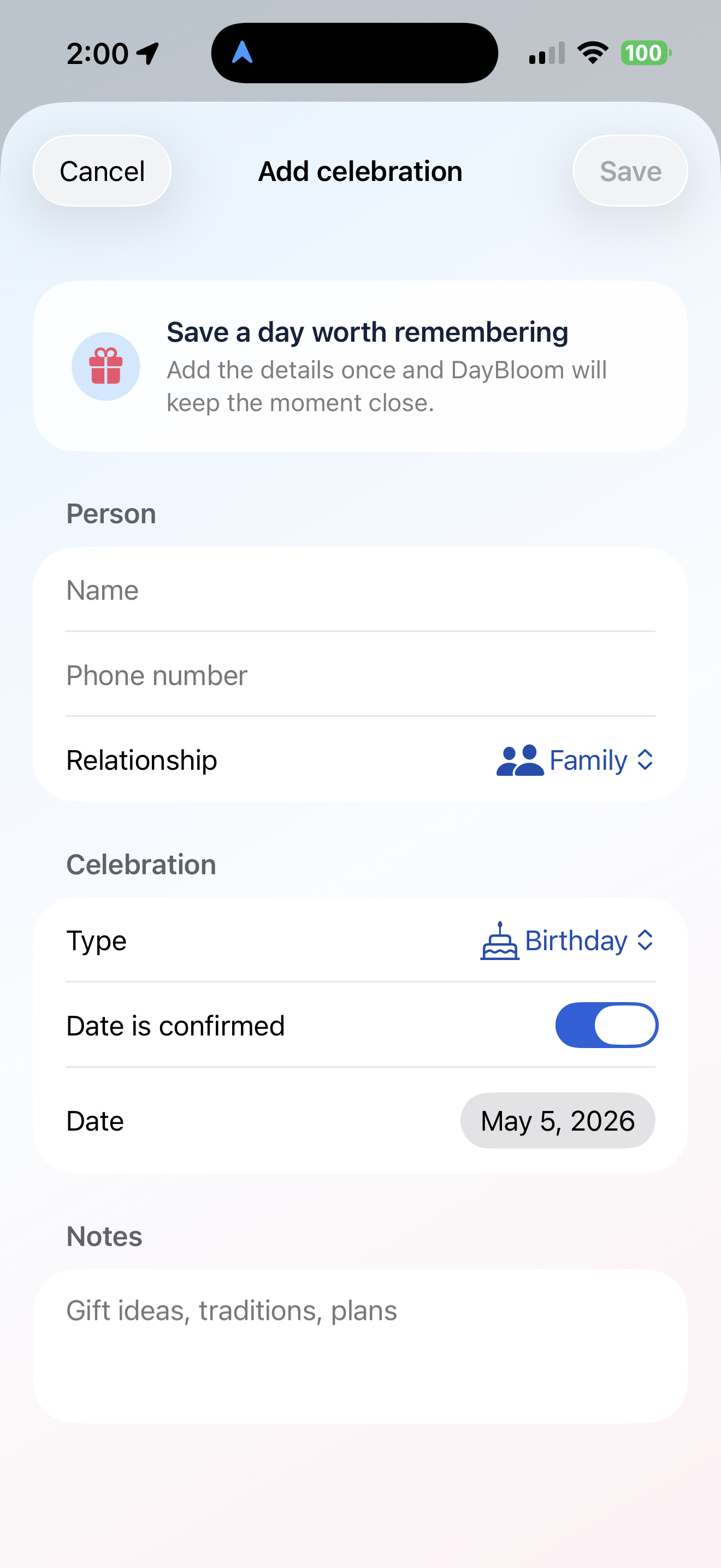 DayBloom Request dates screen with a friendly message ready to send to selected contacts