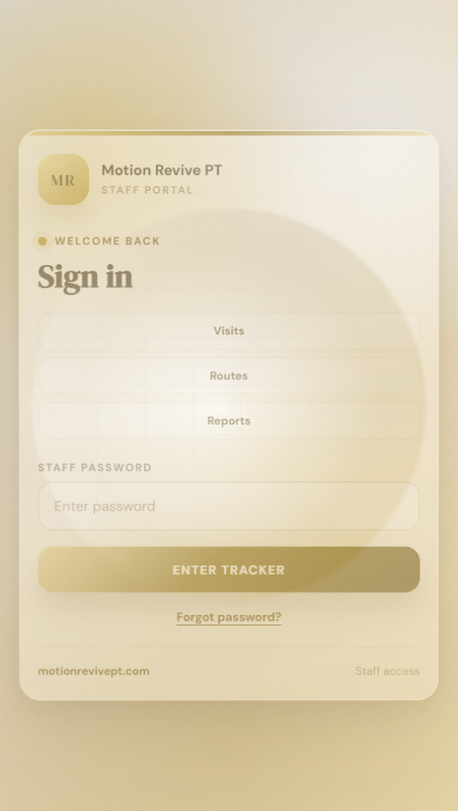 Motion Revive PT staff tracker login screenshot