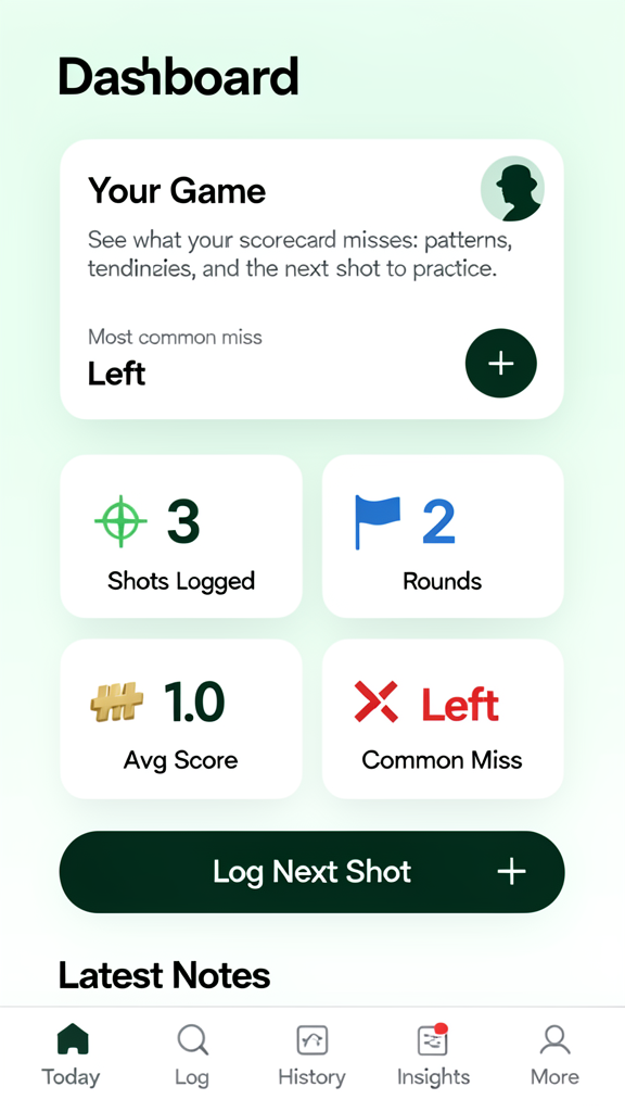 ShotNotes dashboard showing Your Game stats and Log Next Shot button