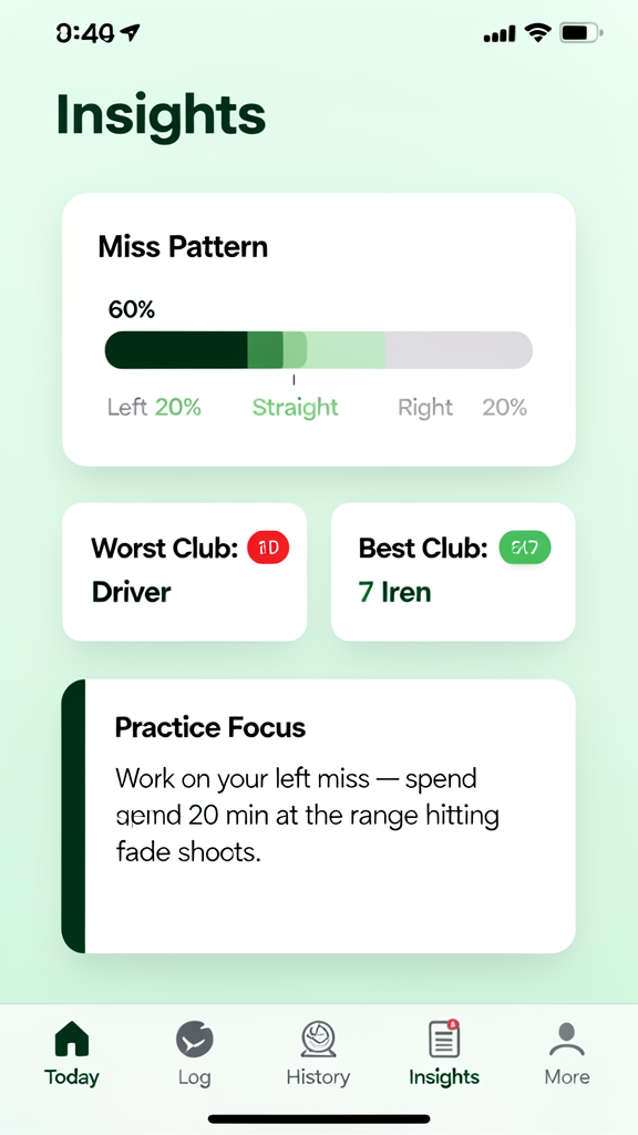 ShotNotes Insights screen showing miss percentage chart, worst club, best club, and practice focus recommendation