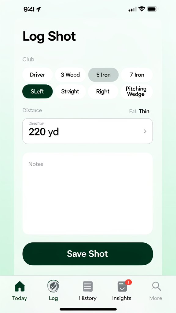 ShotNotes Log a Shot screen with club selector, shot direction, and notes field