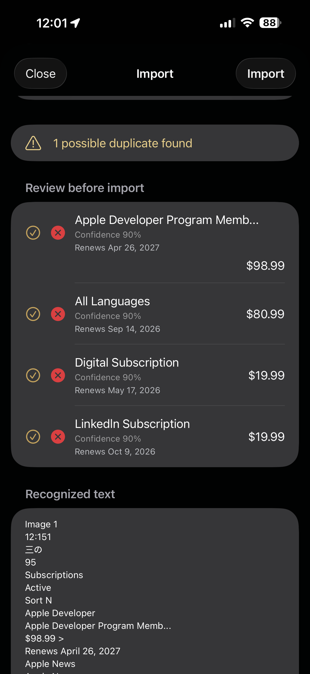 Subscription Radar import review screen with detected subscriptions