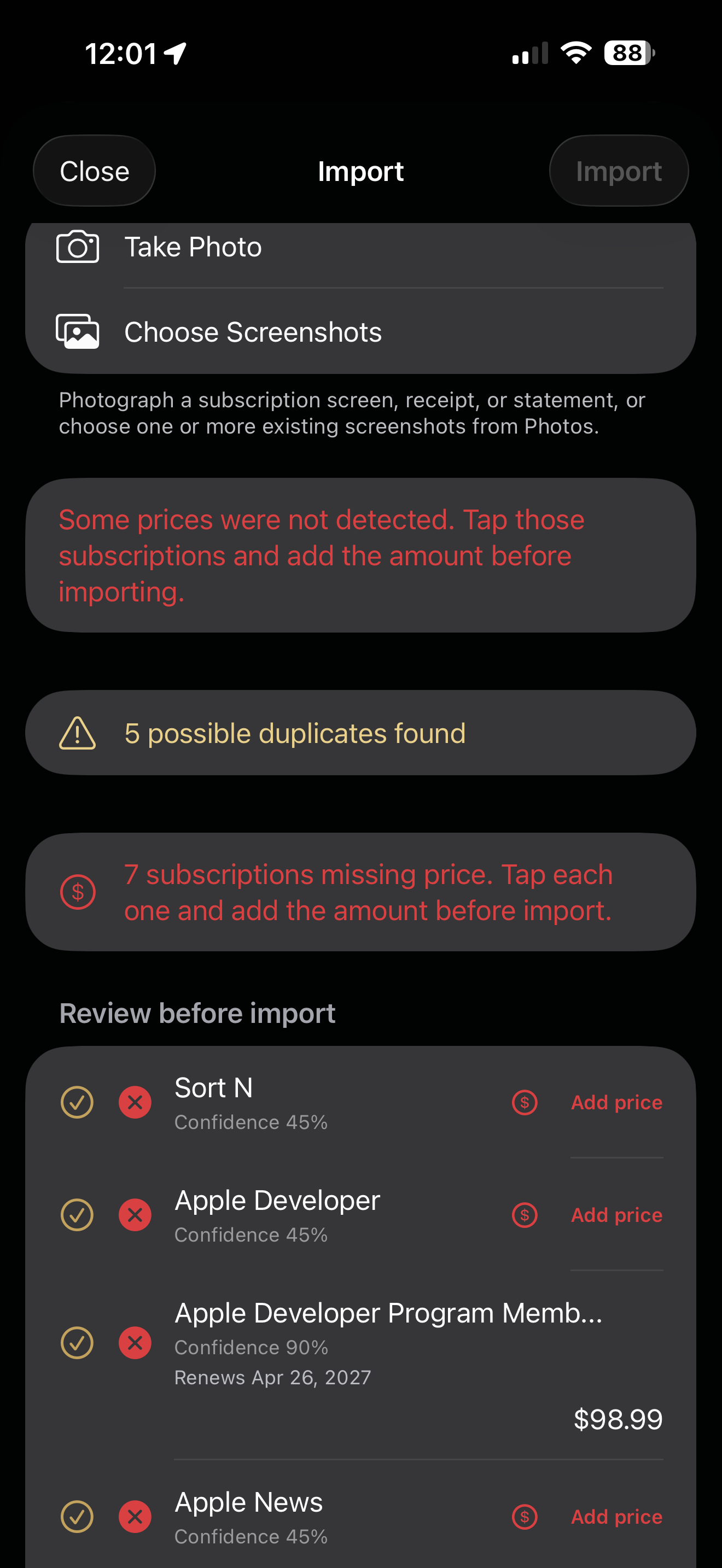 Subscription Radar import screen showing missing price warnings