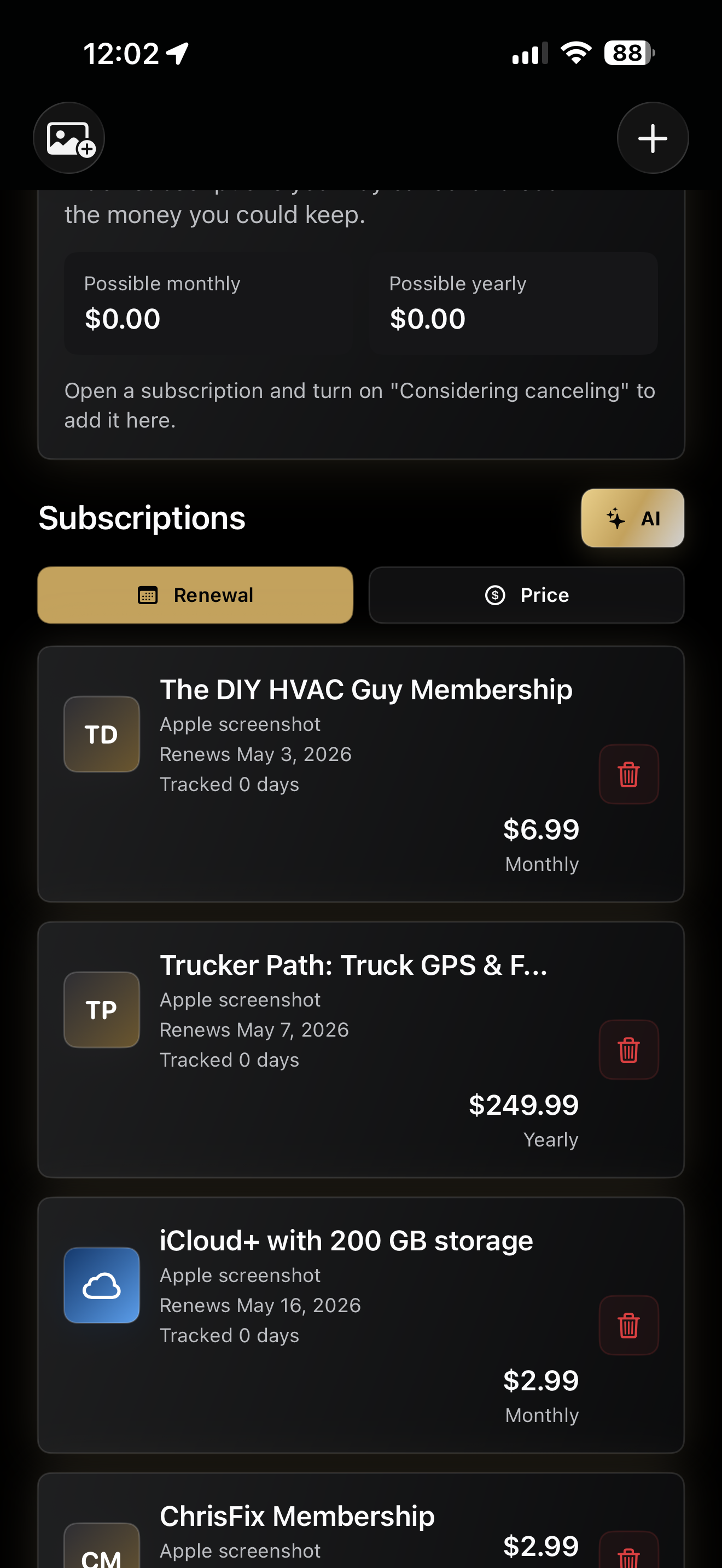 Subscription Radar subscription list with renewal and price sorting