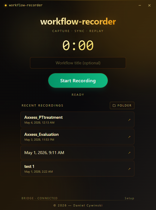 Workflow Recorder desktop app showing the dashboard, timer, and recent recordings list