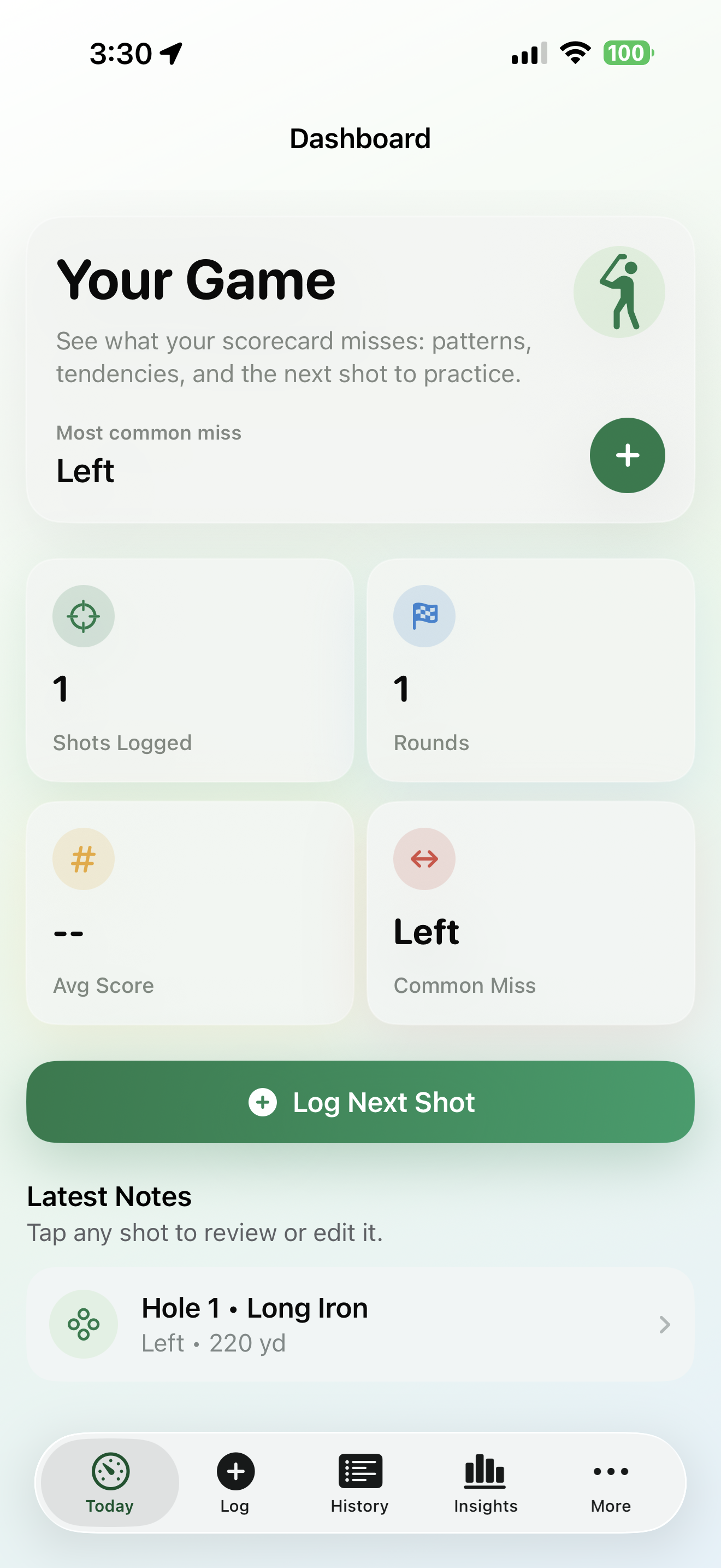 ShotNotes golf shot tracker showing dashboard with round history and miss patterns